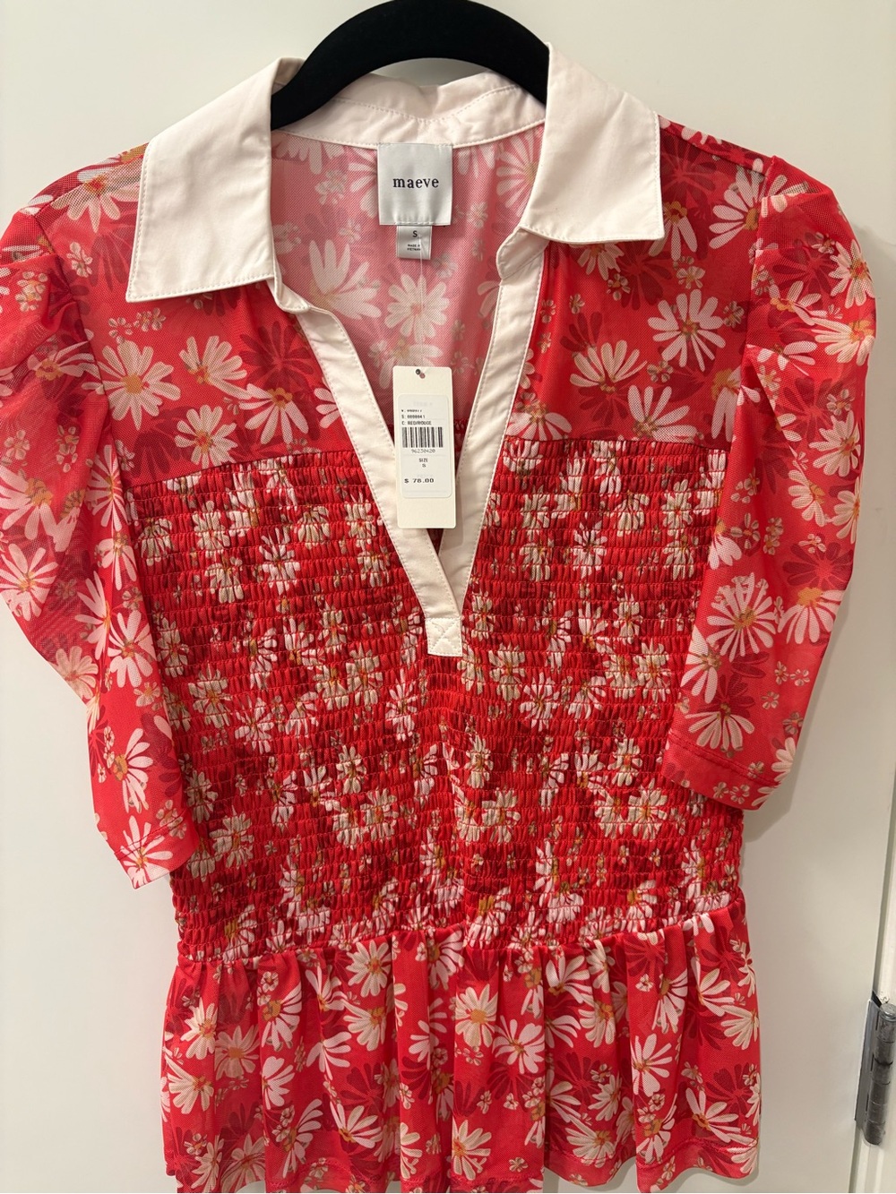 Maeve Red Floral Shirred Peplum Blouse with White Collar
